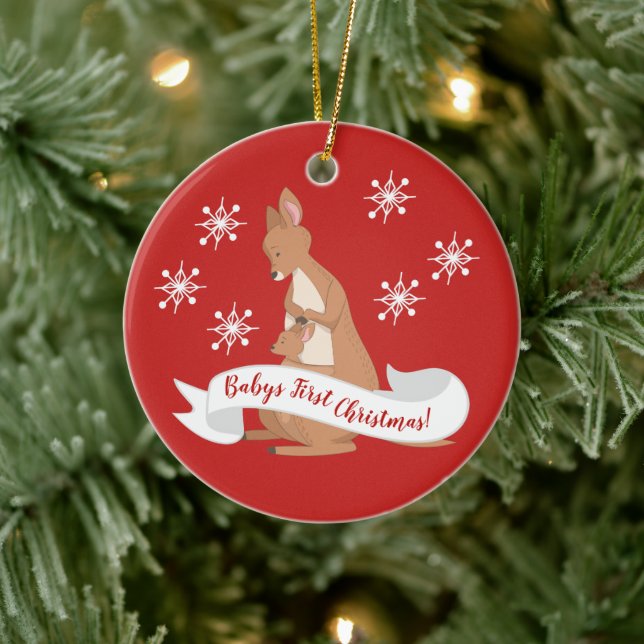 Adorno De Cerámica Mamá y yo canguro con copos de nieve (Árbol)