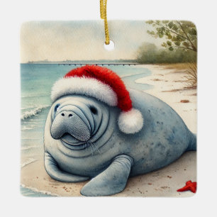 Adorno De Cerámica Manatee personalizado con Santa Hat