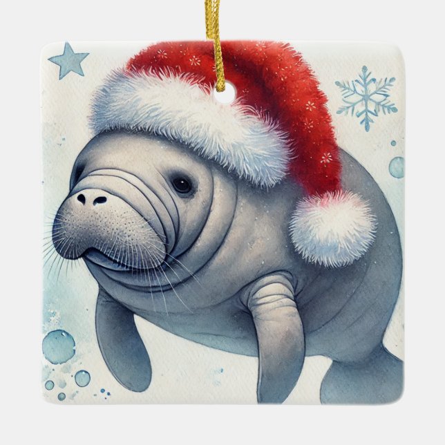 Adorno De Cerámica Manatee personalizado con Santa Hat (Anverso)