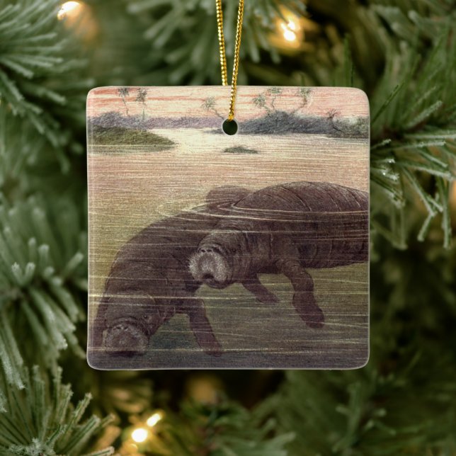 Adorno De Cerámica Manatíes Antiguos o Vacas Marinas, Mamíferos Marin (Árbol)