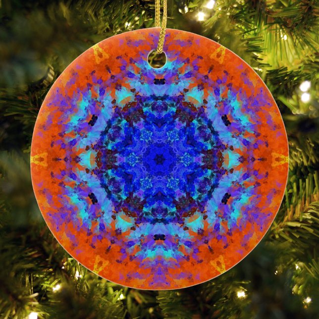 Adorno De Cerámica Mandala azul y Naranja digital (Blue and Orange Digital Paint Mandala Ornament by Wormhole Orbital)