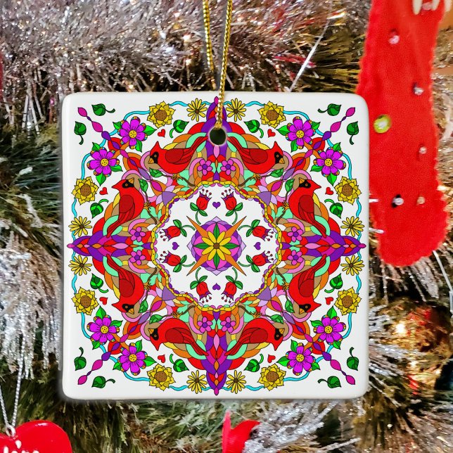 Adorno De Cerámica Mandala, cardenal personalizado y flores (Subido por el creador)
