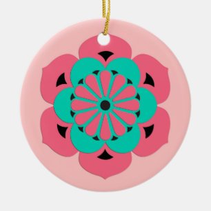 Adorno De Cerámica Mandala de flores Lotus, rosa coral y turquesa