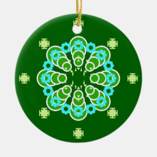 Adorno De Cerámica Mandala de ocho puntos, Dark Jade Green y Aqua