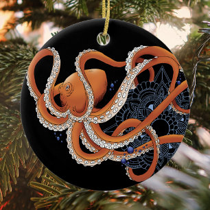 Adorno De Cerámica Mandalá de Pulpo Atractivo Naranja Intenso