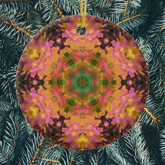 Adorno De Cerámica Mandala digital amarillo rosa y verde (Pink Yellow and Green Digital Paint Mandala Ornament by Wormhole Orbital)