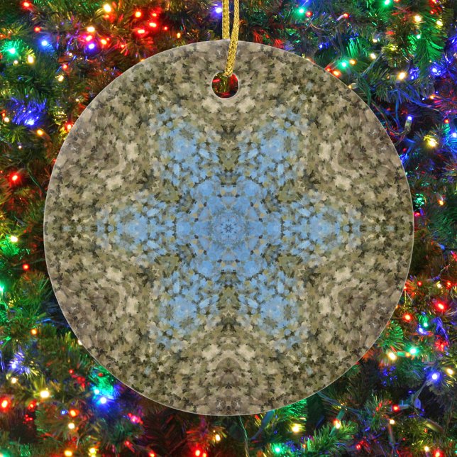 Adorno De Cerámica Mandala digital amarillo y azul (Yellow and Blue Hexagon Mandala Ornament by Wormhole Orbital)