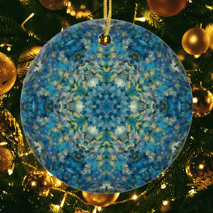 Adorno De Cerámica Mandala digital Blanco azul y amarillo