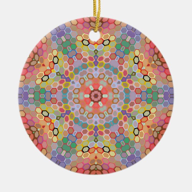 Adorno De Cerámica Mandala Hexagonal Arcoíris (Frente)