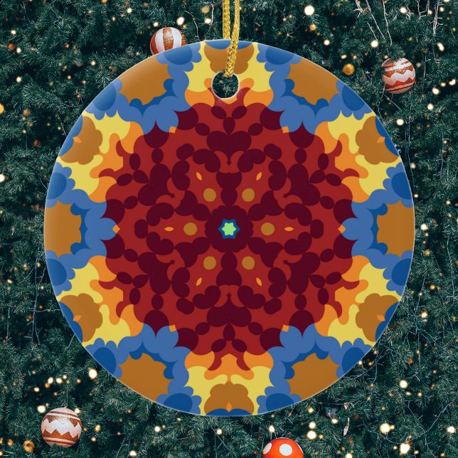 Adorno De Cerámica Mandala retro azul rojo y amarillo (Red Blue and Yellow Retro Mandala Ornament by Wormhole Orbital)