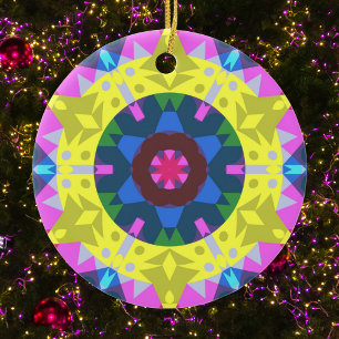 Adorno De Cerámica Mandala retro Flor amarillo azul y rosa