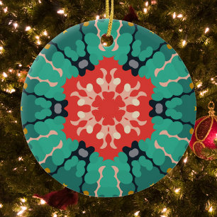 Adorno De Cerámica Mandala retro Flor azul rojo y amarillo