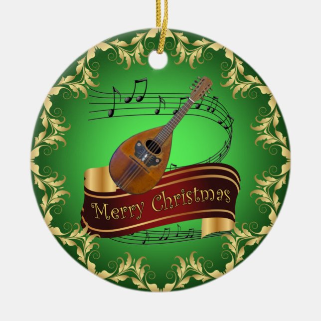 Adorno De Cerámica Mandolin 02 ~ Musical Scroll ~ Feliz Navidad ~ (Frente)