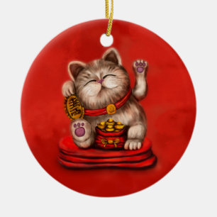 Adorno De Cerámica Maneki-neko Beckoning gato sobre rojo