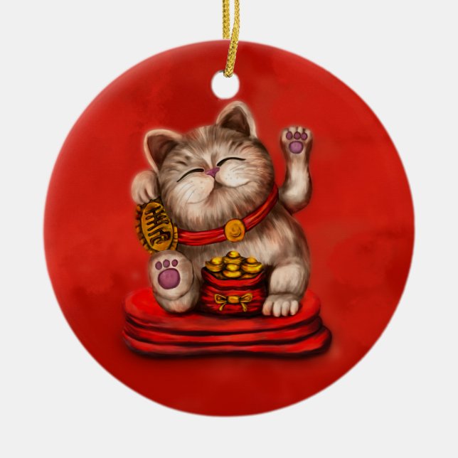 Adorno De Cerámica Maneki-neko Beckoning gato sobre rojo (Frente)