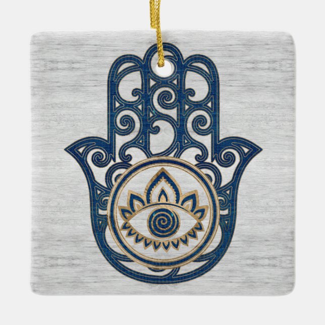 Adorno De Cerámica Mano de Hamsa - mano de la madera del azul de (Anverso)