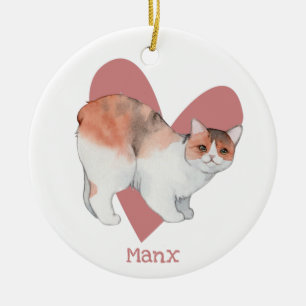 Adorno De Cerámica Manx Cat Watercolor Kitty Pink Heart