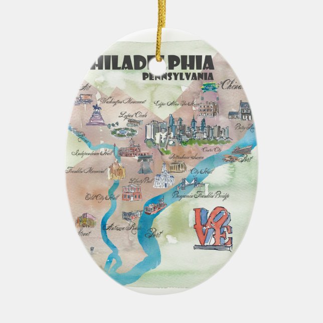 Adorno De Cerámica Mapa de arte retro de Filadelfia Pennsylvania (Frente)