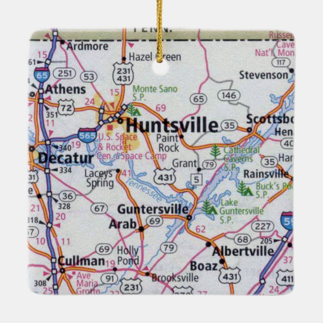 Adorno De Cerámica Mapa de Huntsville Alabama (Reverso)