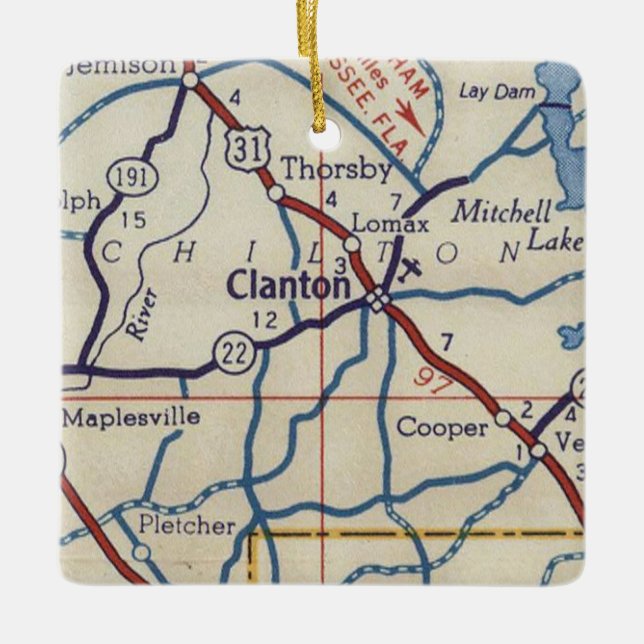 Adorno De Cerámica Mapa de la época de Clanton AL (Anverso)