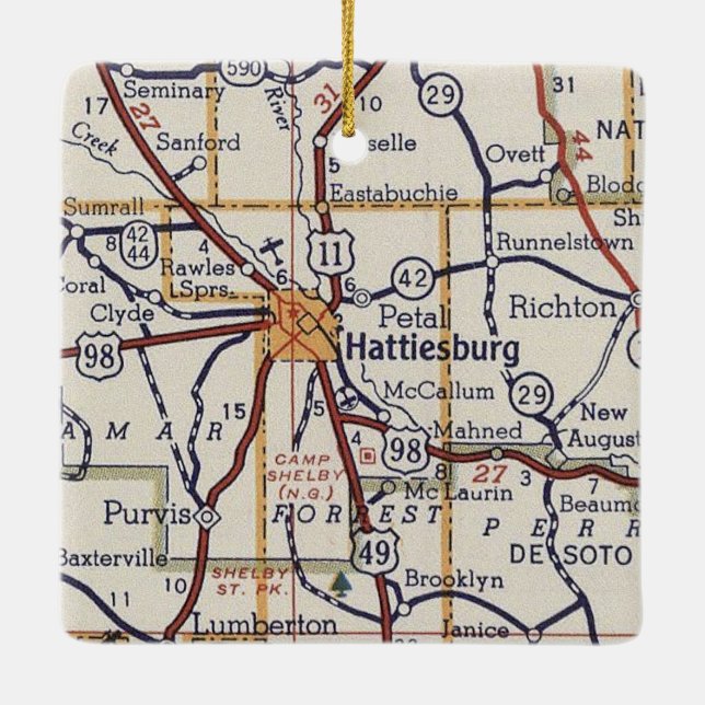 Adorno De Cerámica Mapa de la época de Hattiesburg MS (Reverso)