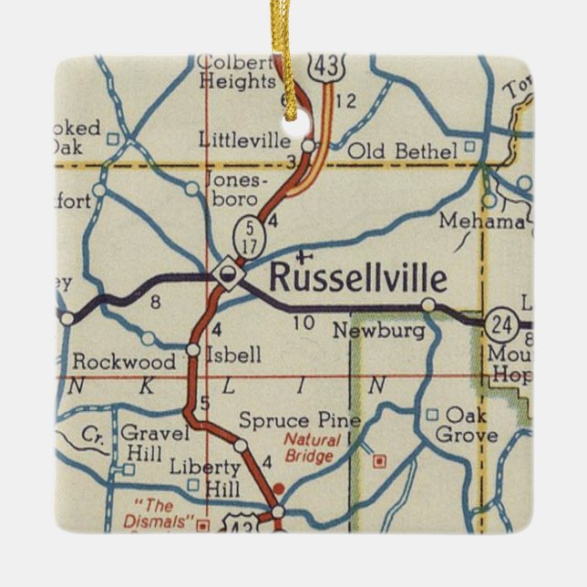 Adorno De Cerámica Mapa de la época de Russellville AL (Anverso)