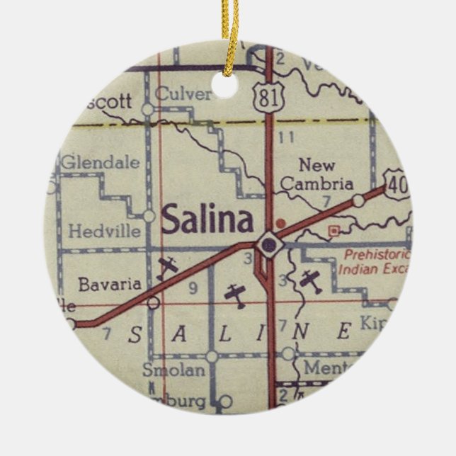 Adorno De Cerámica Mapa de la época de Salina Kansas (Frente)