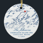 Adorno De Cerámica Mapa de la isla Chebeague, Navidades de fotografía<br><div class="desc">Celebra su amor con un adorno navideño personalizado de boda, con un refinado mapa azul marino de la isla Chebeague en la bahía de Casco, Maine. Con la foto del boda de la pareja en la parte trasera, este adorno es un recuerdo sentido, perfecto para conmemorar a su boda y...</div>