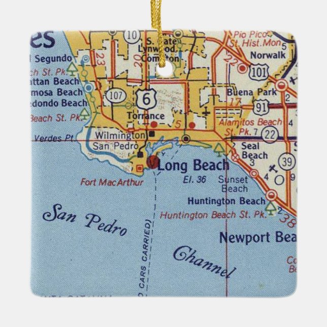 Adorno De Cerámica Mapa de Long Beach CA 50's (Anverso)
