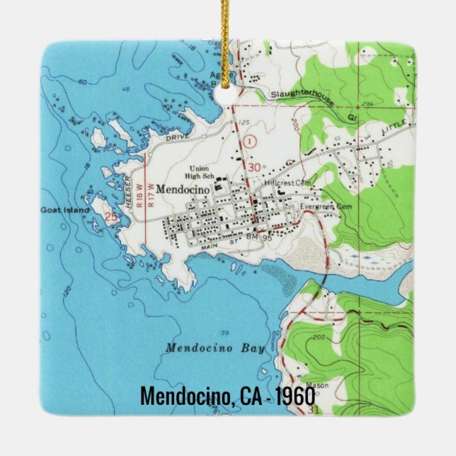 Adorno De Cerámica Mapa de Mendocino CA 1960 (Reverso)