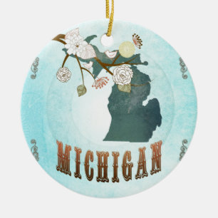 Adorno De Cerámica Mapa de Michigan con los pájaros preciosos