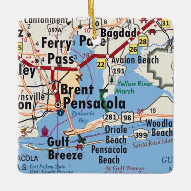 Adorno De Cerámica Mapa de Pensacola Florida (Anverso)