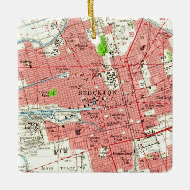 Adorno De Cerámica Mapa de Stockton CA 1955 (Anverso)