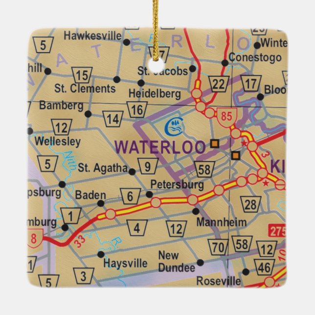 Adorno De Cerámica Mapa de Waterloo Ontario (Reverso)