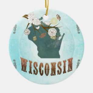 Adorno De Cerámica Mapa de Wisconsin con los pájaros preciosos