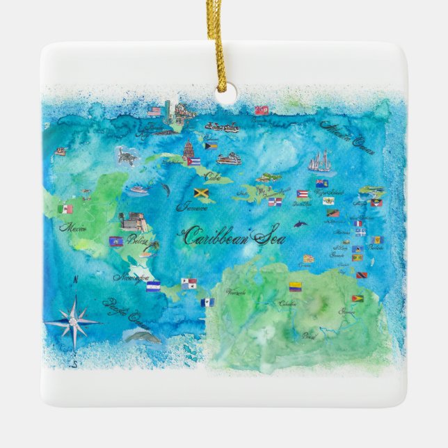 Adorno De Cerámica Mapa del Caribe Antillas del poster del viaje de (Anverso)