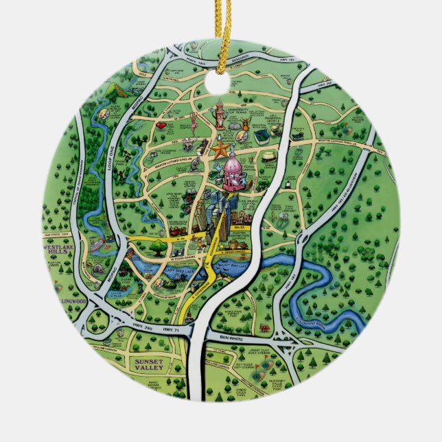 Adorno De Cerámica Mapa del dibujo animado de Austin Tejas (Frente)