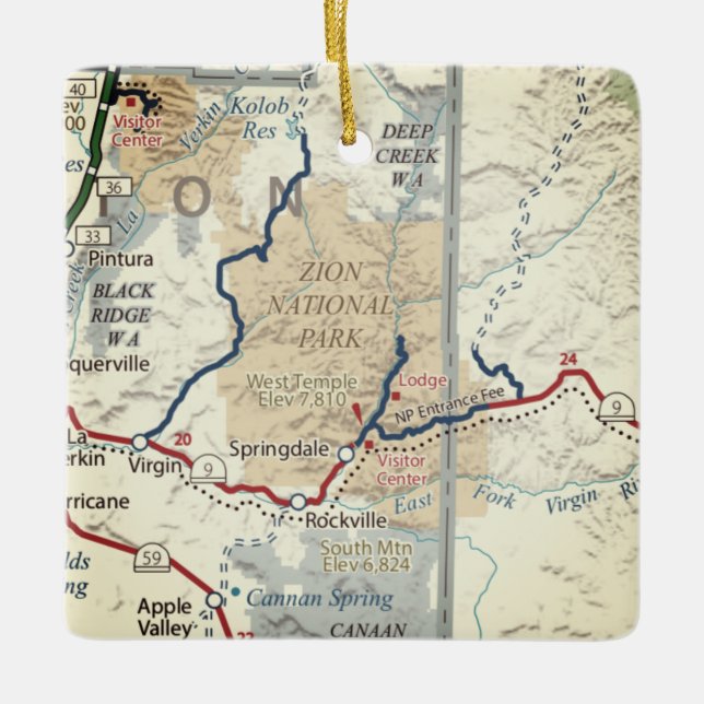 Adorno De Cerámica Mapa del Parque Nacional de Zion (Anverso)