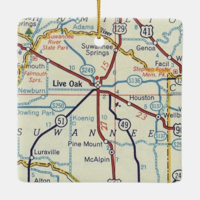 Adorno De Cerámica Mapa del río Oak Suwannee en vivo (Reverso)