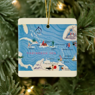 Adorno De Cerámica Mapa Ilustrado de Islas del Caribe
