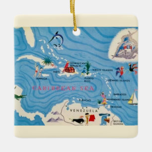 Adorno De Cerámica Mapa Ilustrado de Islas del Caribe