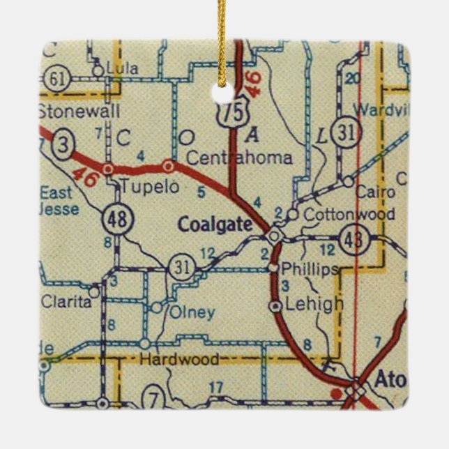 Adorno De Cerámica Mapa retro de Coalgate OK (Reverso)