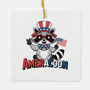 Adorno De Cerámica Mapache Americano Patriótico 4 de julio América