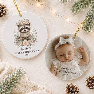 Adorno De Cerámica Mapache de la primera Navidad personalizada del be