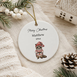 Adorno De Cerámica Mapache de Navidad Acuarela Nombre