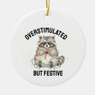 Adorno De Cerámica Mapache Festivo pero Sobrestimulado, Navidad