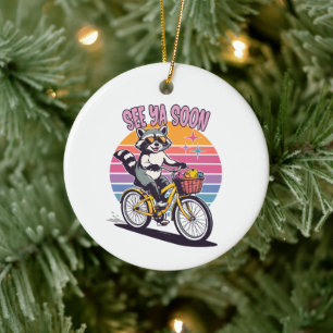 Adorno De Cerámica Mapache Vintage en Bicicleta Hasta Luego Puesta de