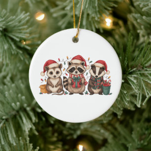 Adorno De Cerámica Mapache Zarigüeya Panda Sombrero Santa Navidad