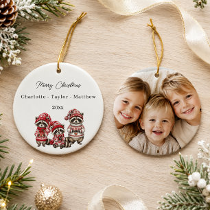 Adorno De Cerámica Mapaches de Navidad Hermanos Foto de Niños Acuarel