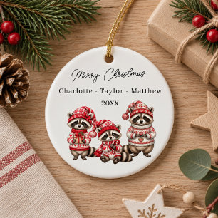 Adorno De Cerámica Mapaches de Navidad Hermanos Niños Acuarela